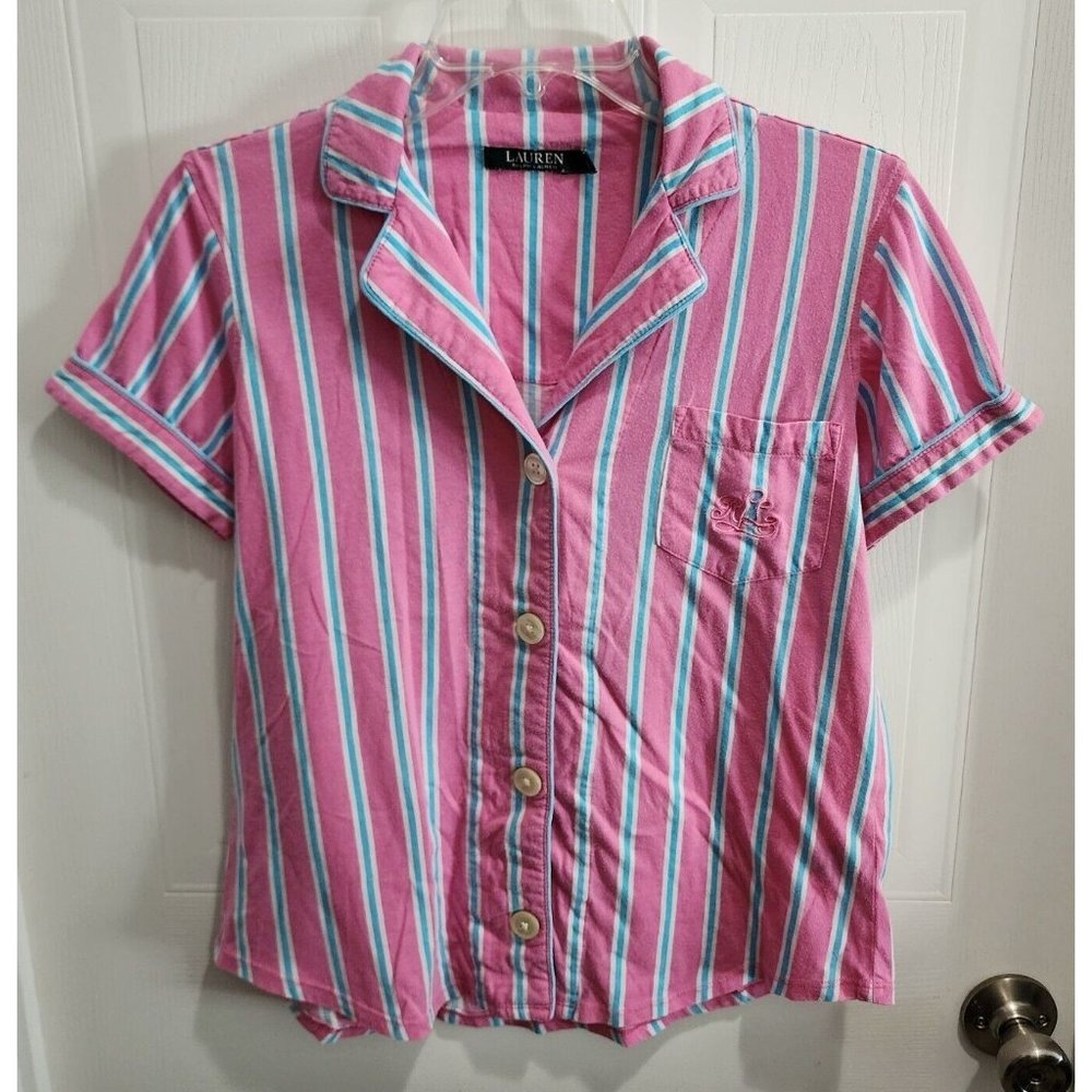 Lauren Ralph Lauren Women's Pajama Top Button Up Shirt Pink/Blue Striped Size S